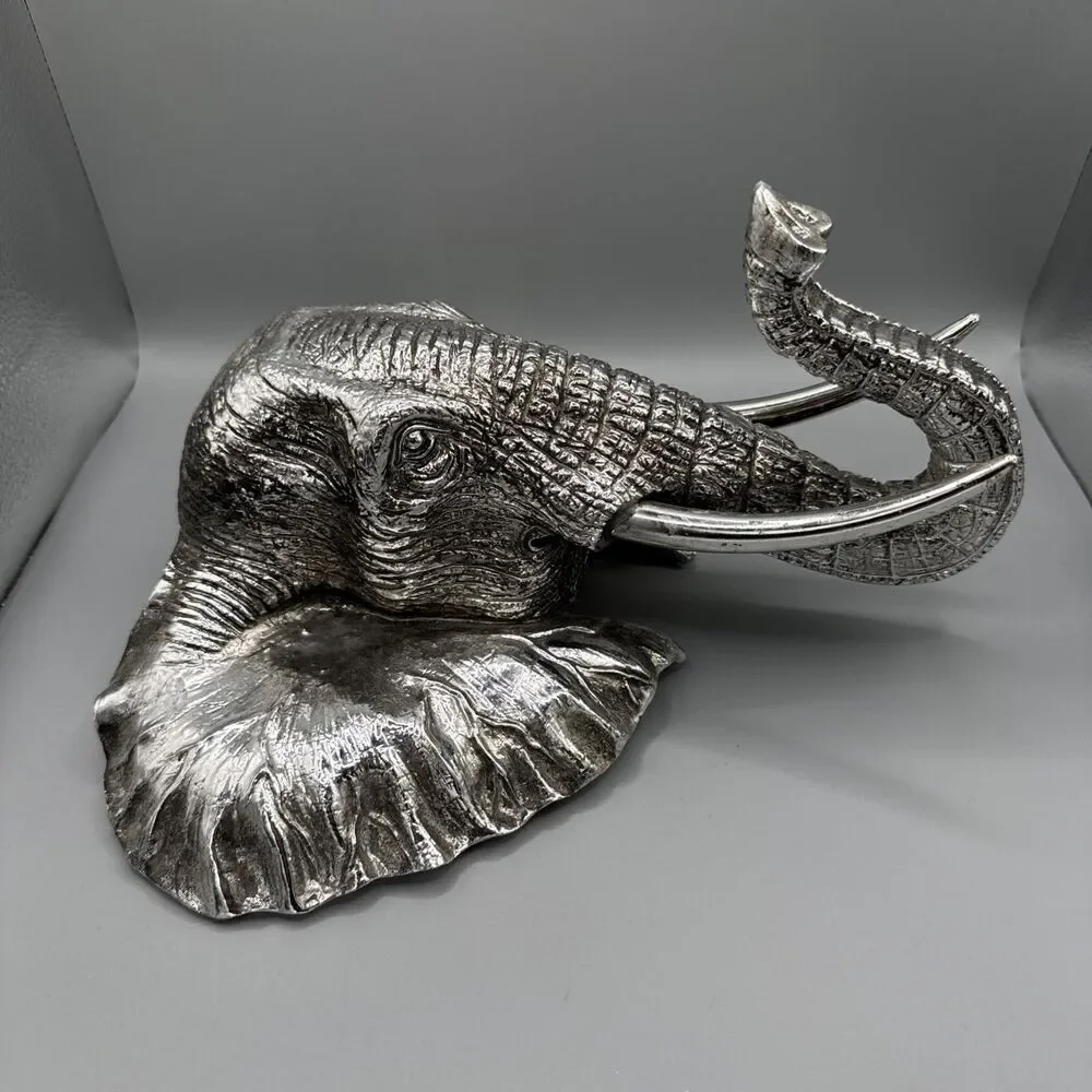 Silver Elephant Head Wall Mount Decor 11” Safari Metallic Wall Sculpture